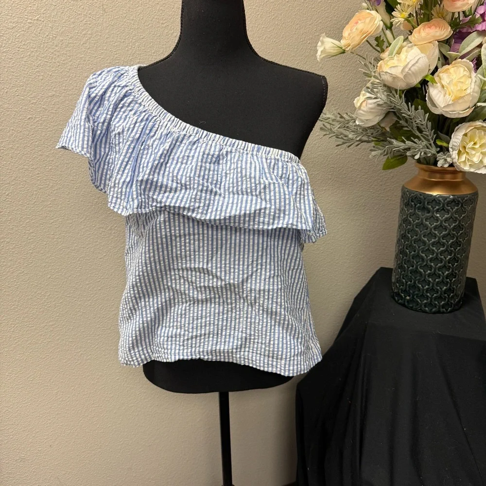 Vineyard Vines Blue White Seersucker Off Shoulder Ruffle Top Sz 6 - Picture 1 of 7